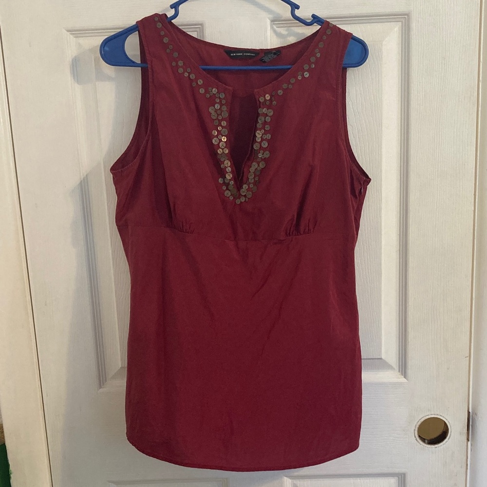 New York & Company Maroon Tank Top with Metallic Details